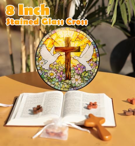 OrbitShell Stained Glass Cross Suncatcher - 8 Inch Peace Dove Window Hanging, Decorative Wall Crosses for Easter, Baptism, First Communion, Christmas, Religious Christian Gifts for Women, Mom, Grandma Cross & Dove