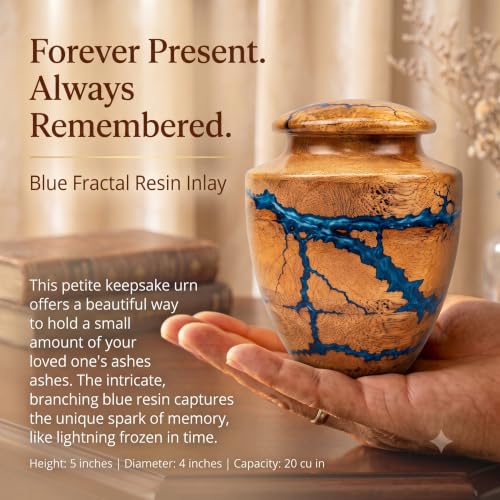 Wooden Handcrafted Urn (Small Keepsake (20 lbs)) in Capacity. Decorative urn for Ashes Blue Raising Urn for Man and Women Burial and Funeral Urn Handcrafted Unique Fractal Burning Design Small keepsake (20 lbs)