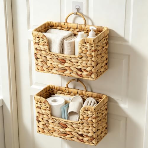 2 Pcs Hanging Magazine Basket, Woven Wall Mail Holder Organizer with Handle Water Hyacinth 2