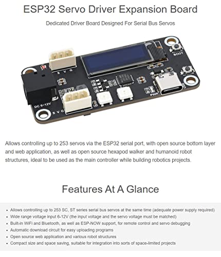 Waveshare ESP32 Servo Driver Expansion Board Built-in WiFi Dedicated Driver Board Designed for Serial Bus Servos, ESP32-WROOM-32, ESP32S