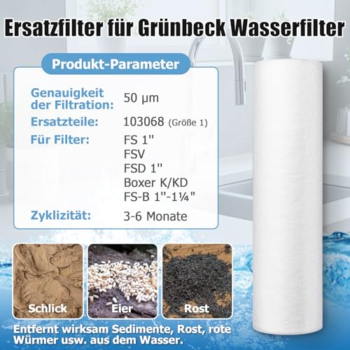 Ancable 2 x replacement filters for Grünbeck water filter FS 1 inch (50 µm without protective bell), house water filter, replacement candle filter for Grünbeck FS-B 1' and Boxer K/KD