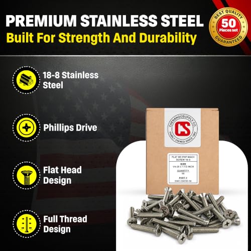 Chenango Supply 1/4-20 x 1-1/2-inch stainless flat head machine screws during product display