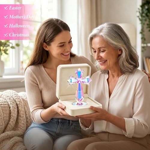 Crystal Cross Standing 6.1 Inch, Handmade Glass Cross Decor Christian Religious Gifts for Women Men Mother, Glass Collectible Figurines Baptism Confirmation Gifts Church Home Office Desk Decoration