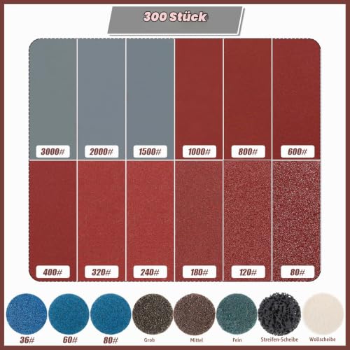 Sanding Discs Set of 300 50 mm | For drills and sanders with 3 mm and 6 mm including 2 inch roll lock sandpaper in 36-3000 grit (A) a