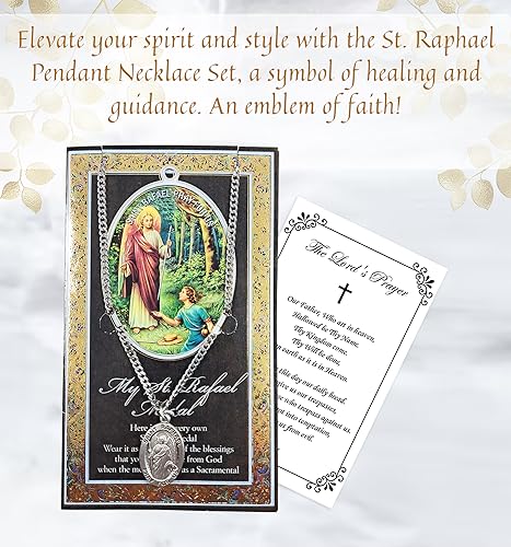 Trendzeen St Raphael Pendant Necklace With Lord's Prayer Card - Genuine Pewter Medallion - Saint Necklace for Men and Women - Patron Medal Jewelry, 2 Items Set