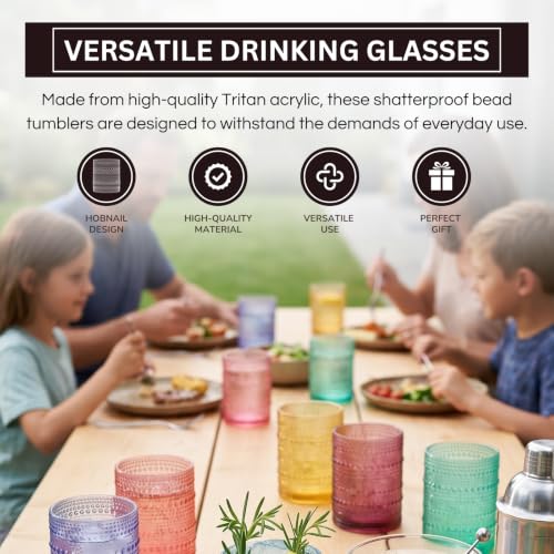 Khen Plastic Hobnail Drinking Glasses Set of 6 Bright Tones Cups 14oz, Shatterproof & Unbreakable Acrylic Beaded Design, BPA-Free, Dishwasher Safe Indoor/Outdoor Drinkware for Water, Juice, Cocktails Set of 6 - Pastel