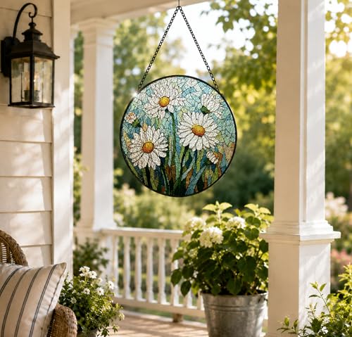 White Daisy Farmhouse Stained Glass Suncatcher Window Hanging Color02