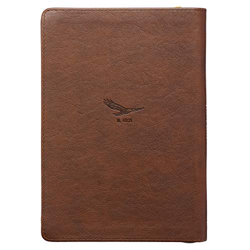 Classic Faux Leather Journal Soar Wings Like Eagles Isaiah 40:31 Bible Verse Brown Inspirational Notebook, Lined Pages w/Scripture, Ribbon Marker, Zipper Closure