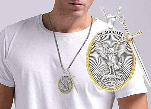 The Archangel Saint Michael/Oval Medal Necklace Protection Prayer Pendant Necklace Seal Solid with A Sword Pendant Necklace -1PCS