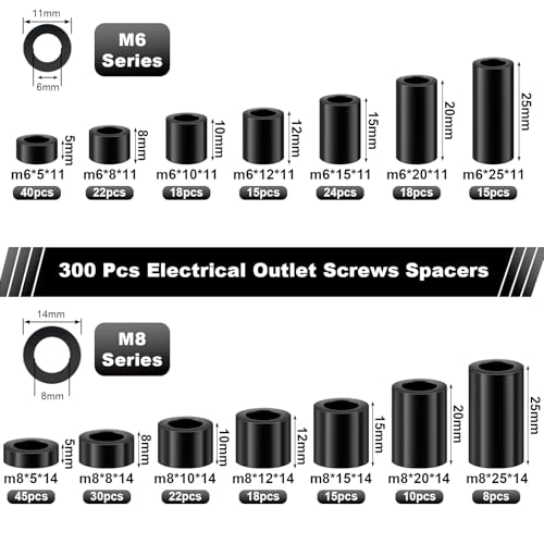 300-piece Draupnir black nylon round spacers for M6 and M8 screws in electrical outlet kit apart