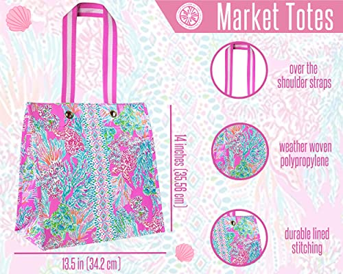 Lilly Pulitzer Market Shopper Bag, Reusable Grocery Tote, Shoulder Bag for Produce or Travel Seaing Things One Size (Pack of 2)