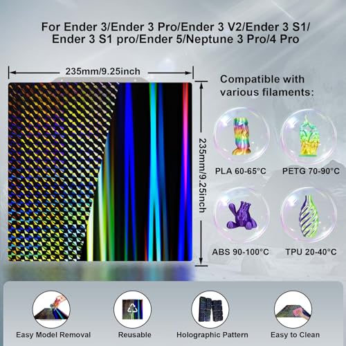 IdeaFormer H1H Build Plate 235 x 235 mm Smooth Rainbow Streak + Phantom Beam Spring Steel Plate for Creality K1/K1C/Ender 5 S1/Ender 3 S1/Ender 3 V3 etc. 235x235