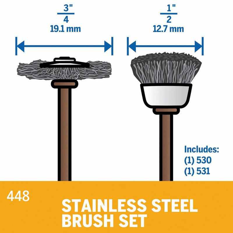 [Australia - AusPower] - Dremel 448 2-Piece Stainless Steel Brush Set Ideal for Removing Rust and Corrosion, Polishing Metal Surfaces 