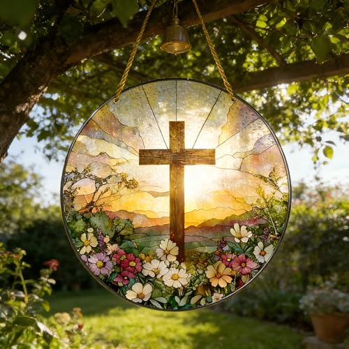 Stained Acrylic Suncatcher, Cross-Shaped Wooden Frame 7.8*7.8 IN