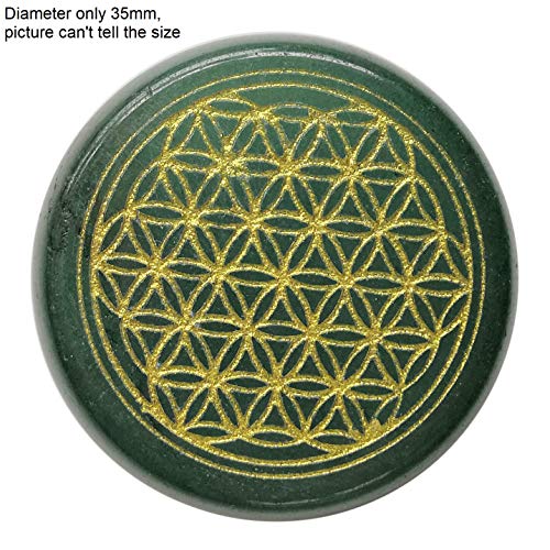 Flower of Life Engraved Natural Crystal Palm Stone | Sacred Geometry Pocket Stone for Meditation & Mindfulness | 35mm Polished Worry Stone, Green Aventurine