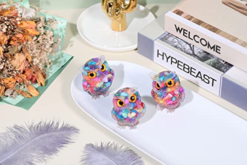 Jovivi 2.5" Rainbow Shell Crystal Owl Statue Carved Resin Reiki Healing Crystal Pocket Stone Sculpture Gemstone Animal Owl Figurines Ornament Cute Room Office Decor Gifts