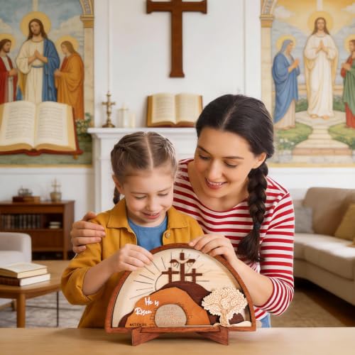 Empty Tomb Easter Scene and Christian Cross Decoration, He Is Risen Decor Wood Easter Resurrection Scene Set for Tray, Jesus Nativity Scene Decor for Religious Home Mantels Tabletop Christian Gifts