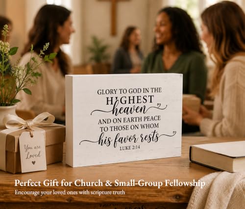 Christian Desk Decor, Luke 2:14 Bible Verse Rustic Farmhouse Wood Block Sign, Inspirational Gift for Women & Men, Perfect for Daily Encouragement -A54