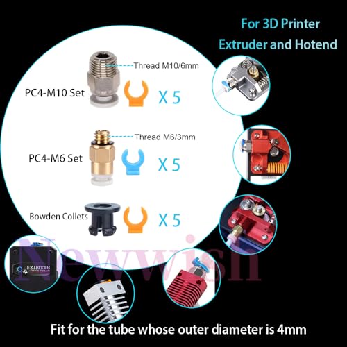 3 Meters PFA Tube Kit ID 2mm X OD 4mm,PTFE Teflon Bowden Clear Tube for 1.75mm Filament,3D Printer Transparent Tubing with PC4-M6 Connector X5,PC4-M10 Pneumatic Fittings X5,Bowden Collet X5. 3 Meters Kit