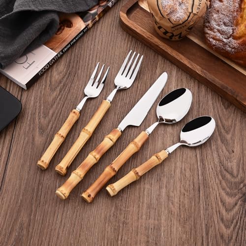 30PCS Silverware Set for 6, Bamboo Handle Flatware Set, Stainless Steel Cutlery Set for Home Restaurant and Party, Bamboo Forks Spoons and Knives Set, Polished Tableware 30-Piece Service for 6