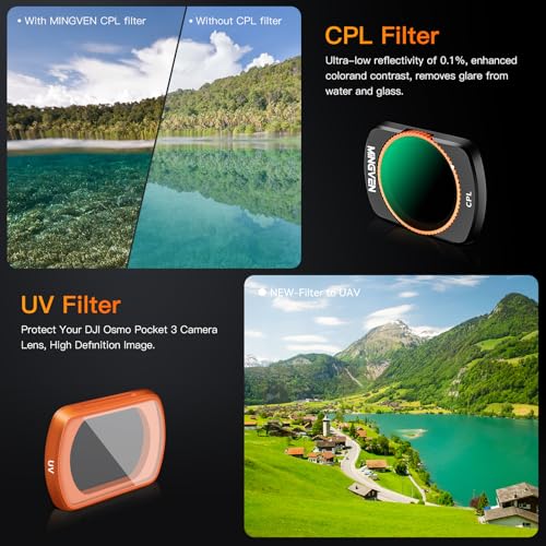 Magnetic Adjustable ND Filters Set for DJI Osmo Pocket 4/Pocket 3/Xtra Muse Camera Accessories, Adjustable ND Filters 1-5 Stops + 6-9 Stops - 4 Pack (CPL, UV, VND2-32 VND64-512) CPL + UV + VND Filters