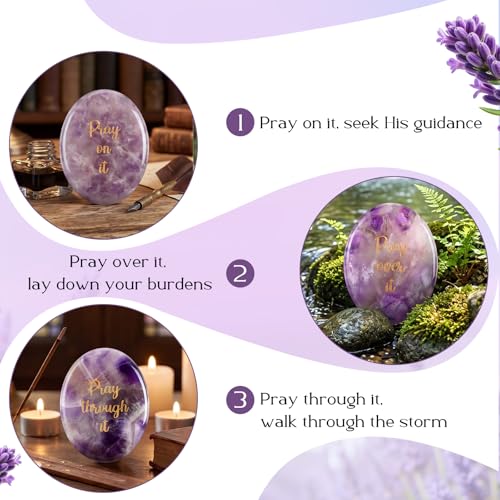 Domensi 3 Pcs Prayer Amethyst Crystals Thumb Worry Stones Anxiety Relief Items Inspirational Healing Crystals for Women Men Meditation Reiki Spiritual Gifts