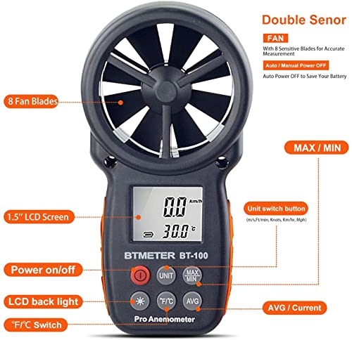 BTMETER BT-100 Handheld Anemometer Digital Wind Speed Meter Gauge for HVAC Tester Air Flow Velocity, Wind Chill, 14℉-113℉ Wind Temperature