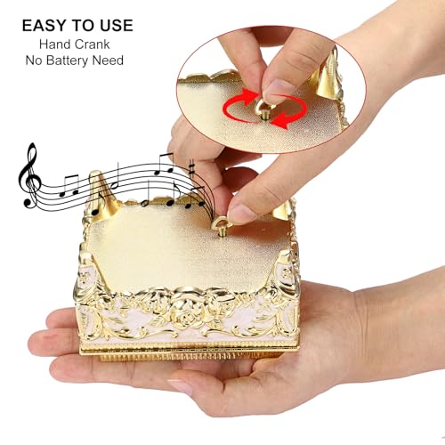 ELLDOO Vintage Music Box, Beige Metal Musical Jewelry Box Keepsake Box, Small Trinket Jewelry Storage Box Gift for Girl Women (Tune: You are My Sunshine), Gold Rose Pattern