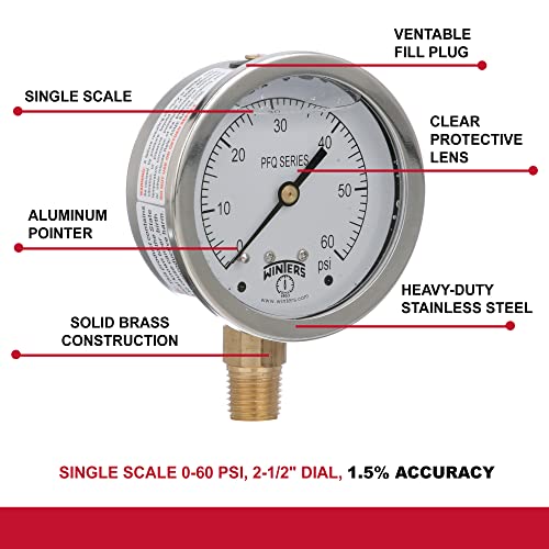 Winters Instruments 2.5-inch glycerin-filled pressure gauge, stainless steel case, 0-60 PSI, 1/4-inch NPT bottom mount