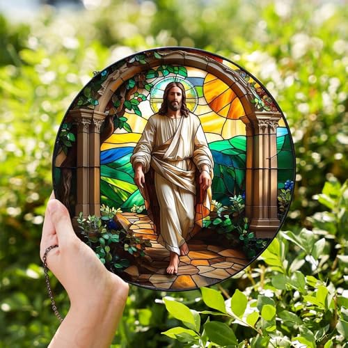8 Inch Stained Glass Cross Suncatcher for Window Hanging Home Garden Decor Jesus