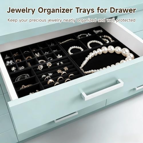 8 Pcs Jewelry Drawer Organizers, Velvet Jewelry Trays for Drawer, Stackable Jewelry Trays, Ideal for Rings, Earrings, Bracelets, Necklaces, Black