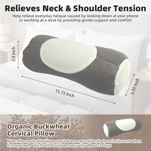 Buckwheat Neck Roll Pillow, Adjustable Cervical Neck Bolster (Khaki) Khaki