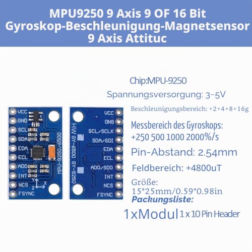 MPU9250 9 Axis 9 OF 16 Bit Gyroscope Acceleration Magnetic Sensor 9 Axis Posture Gyro Accelerator Compass Magnetic Field Sensor Module IIC/SPI (3-5V)