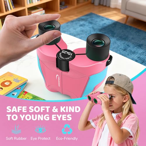 Aurosports 15x25 Compact Binoculars for Kids with Bird Guide Book, Pink