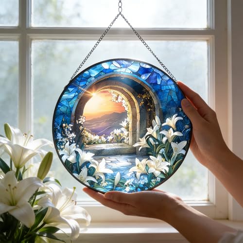 Jesus Christ Suncatcher 7.8″ Stained Glass Window Hanging Christian Ornament Religious Sun Catcher Wall Home Living Room Decor Christmas Birthday Gifts for Women Men Mom Coworkers D