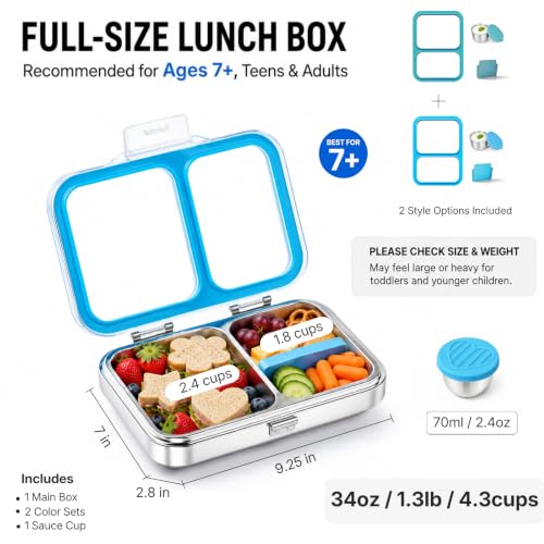 Leak-Resistant 18/8 Stainless Steel Bento Lunch Box Kids 7+ and Adults Blue