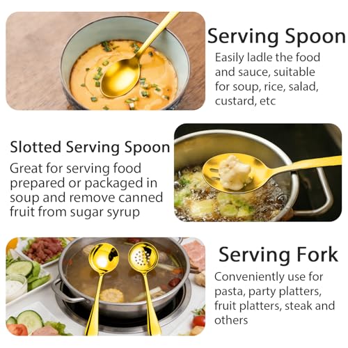11 PCS Serving Utensils Stainless Steel Large Serving Utensils Set Spoons, Slotted Spoons, Forks, Tongs, Soup Ladle and Cake Server for Buffet Party Catering Gold