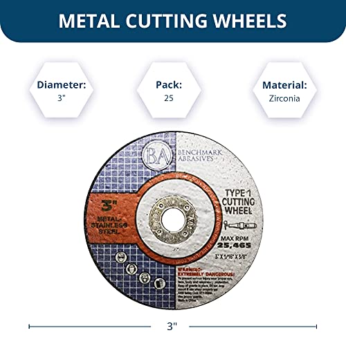 Benchmark Abrasives 3-inch aluminum oxide Type 1 cut-off wheels, 1/16-inch thick with 3/8-inch arbor, 25 pack