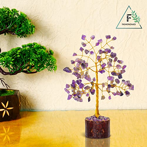 FASHIONZAADI Amethyst Bonsai Money Tree Feng Shui Crystal Gemstone Trees Chakra Stone Healing Crystals Trees Good Luck Home Office Table Décor Health Prosperity Size 7-8 inch (Golden Wire)