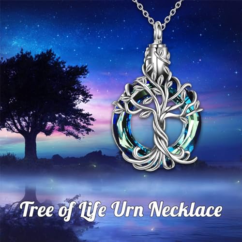 TOUPOP Ashes Jewellery s925 Sterling Silver Butterfly/Tree of Life Urn Necklace for Ashes Cremation Jewelry with Crystal Memory Locket Gifts for Women, with Funnel Filler 1-Tree of life
