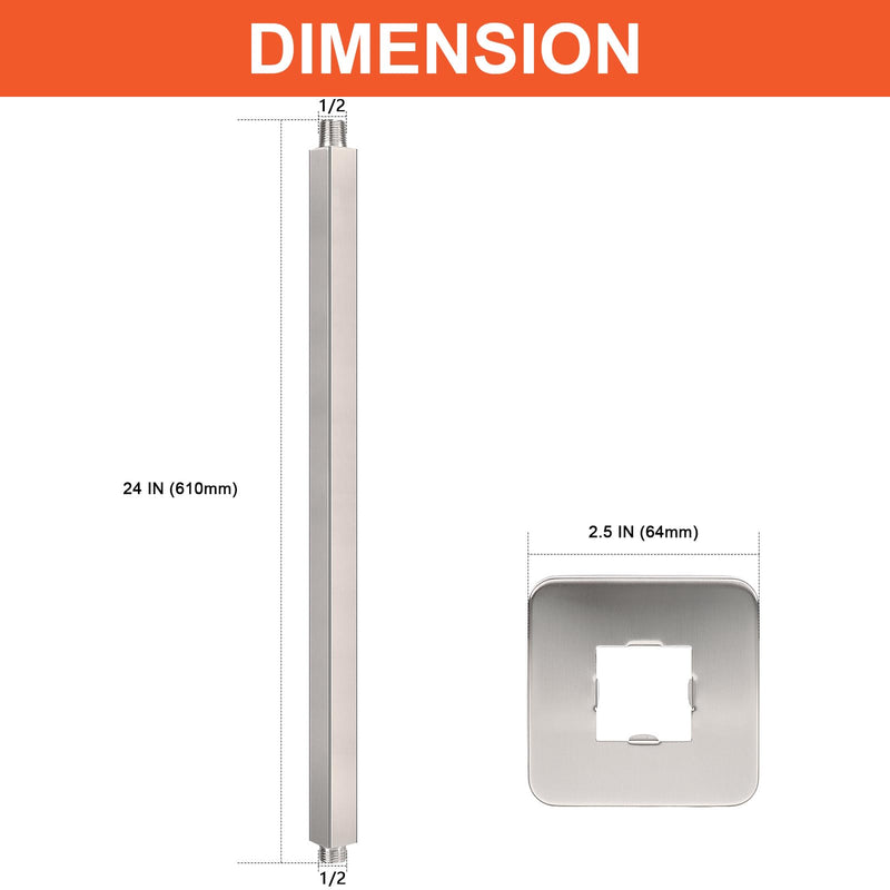 Ceiling Mounted Shower Arm, Rain Shower Square Extension Arm with Flange and Teflon Tape Stainless Steel Ceiling Mount Shower Extender (24 Inch, Brushed Nickel) 24 Inch