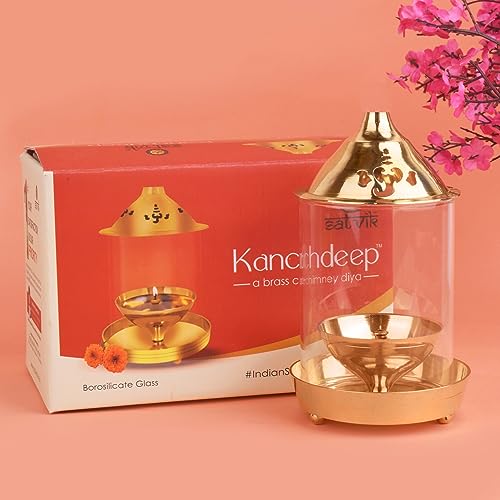 SATVIK - 7 INCH - Pure Brass Akhand Diya with Glass Chimney Kanchdeep Oil Lamp for Home Temple Pooja Diwali Decor Traditional Brass Lamp