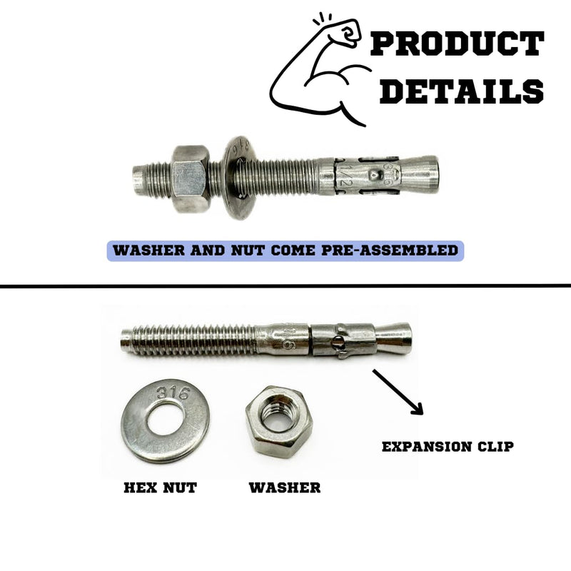 MIGHTY FASTENERS Premium 316 Stainless Steel Wedge Anchor, 1/2"-13 X 3-3/4" – Heavy Duty Corrosion Resistant Fastener for Concrete and Masonry Applications 5 Pack 1/2"-13 X 3-3/4"