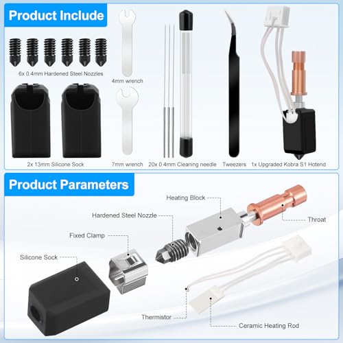 YOTINO Upgraded Ceramic Hotend, Kobra S1 Combo Hotend, Includes 1 Hot End and 6 Hardened Steel Nozzles and 2 Silicone Socks, Compatible with Kobra S1/Kobra S1 Combo 3D Printer