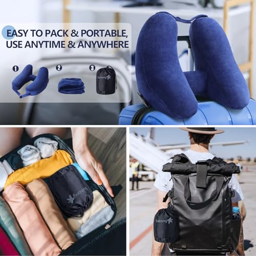 Sunany Travel Neck Pillow for Airplane Pillow Comfortably Supports Head, Neck and Chin, Inflatable Travel Pillow with Soft Velour Cover and Portable Drawstring Bag (Blue, H-Shape) Navy Blue