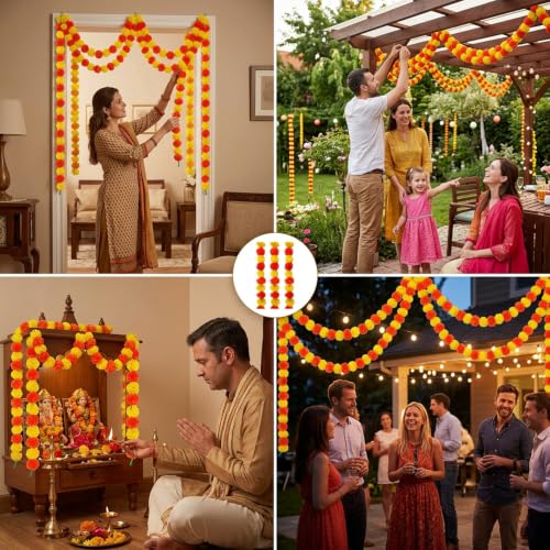 Marigold Garland, 3-Pack Indian Decorations, Diwali Decorations