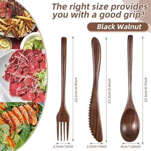 Geiserailie 12-piece walnut wood serving utensil set including spoons, forks, and knives for kitchen and table use