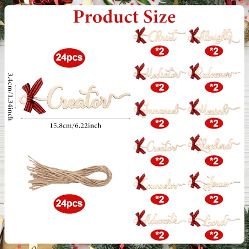 24 Pcs Names of Jesus Christ Ornament Wood Religious Decorations Farmhouse Christ Hanging Decoration with Savior Names Red Plaid Bow Rope for Church Decor