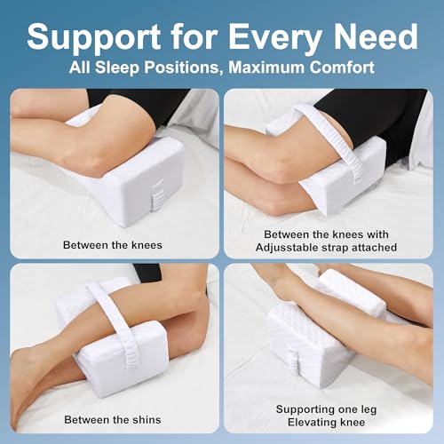 UJPFEO Knee Pillow for Side Sleepers,Memory Foam Leg Support Pillow for Sleeping Comfort,Knee Cushion for Hip,Knee,Back and Sciatica Relief,Helps Align Spine,White,with Strap White