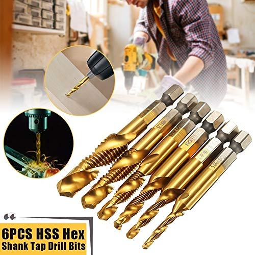 MAGT Tap Set, 6 Pieces Metric Thread M3-M10 Tap Cutter Set Titanium Coated HSS Drill Bits Set 1/4 Inch Hex Shank